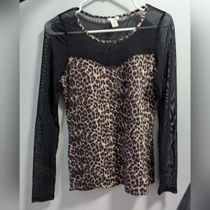 Bozzolo Black and Brown Leopard Print Mesh Top
